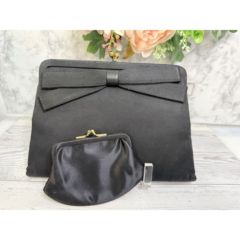 Vintage 1960s L & M Spotlite Black Satin Purse w Matching Coin Bag Evening Bag